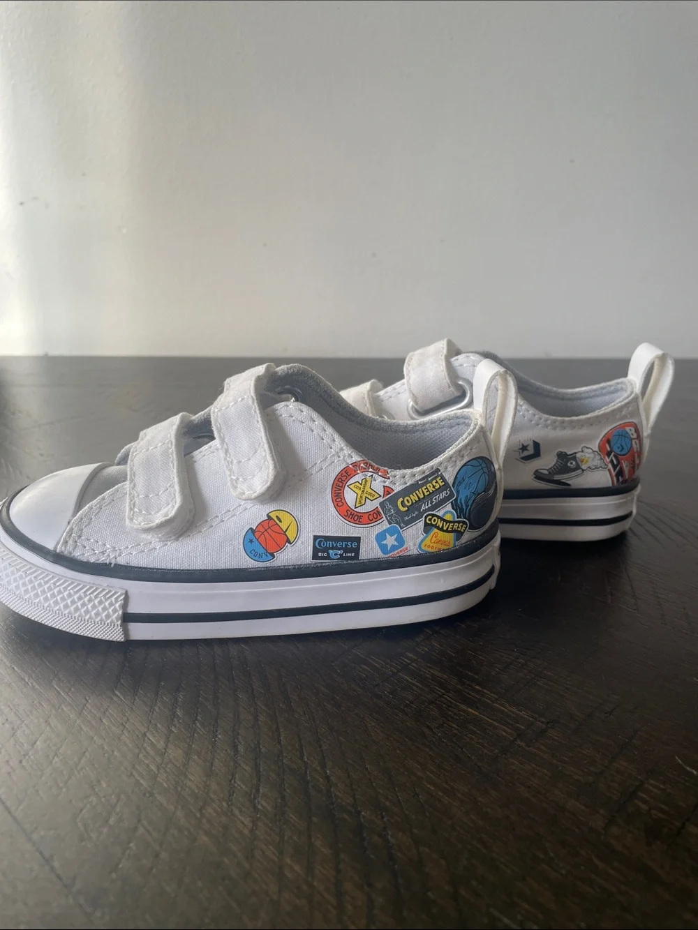 Converse Toddler White Canvas Velcro Sneakers with Sports Decals